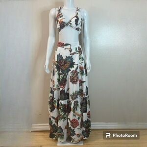 Floral print crop top knot at front ruffle maxi skirt set